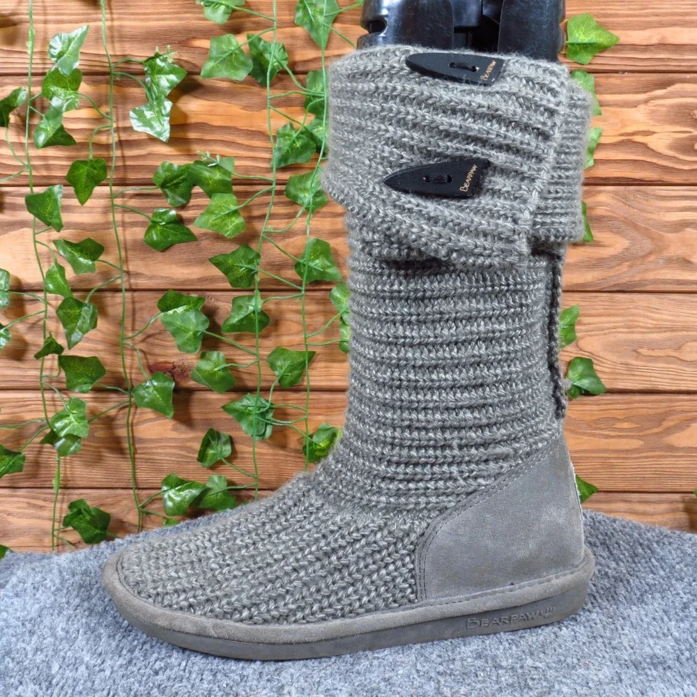 Bearpaw Knit Tall Women Shoes Size 7 Winter Cold Weather Gray Knit Suede Boot
